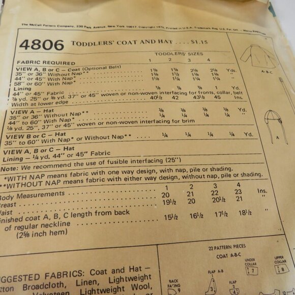McCalls 4806 Toddler size 3 Coat & Hat - Picture 11 of 13